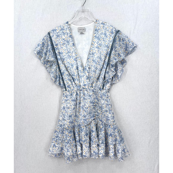 SAYLOR Marina Mini Dress Womens XS Floral Sky Printed Ruffle Ruched Flutter - Picture 3 of 16